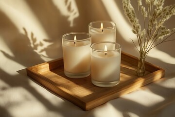 Wall Mural - Soft Light Candles on a Wooden Tray