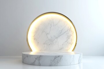 Poster - White Marble Podium with Golden Circular Backdrop and Warm Lighting