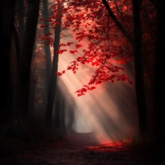 Wall Mural - A Path Through A Red Autumnal Forest