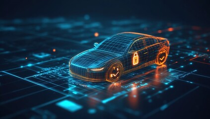 Poster - Abstract Digital Electric Car Model Glowing Orange and Blue on Circuit Background