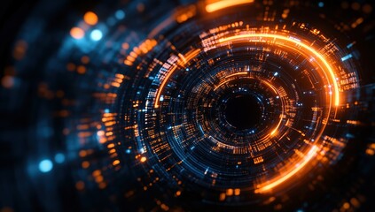 Poster - Abstract Circular Data Network with Orange and Blue Glowing Spiral