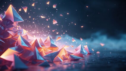 Poster - Pyramid shapes illuminated in colorful light on a wet surface during the evening hours