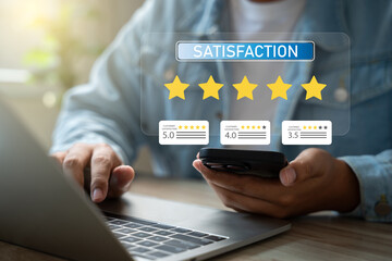 Wall Mural - online customer satisfaction survey, review consumers rate product quality, rating, feedback to impr