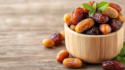 Wall Mural - Assorted Dates in Deep Brown and Golden Hues on Wooden Table