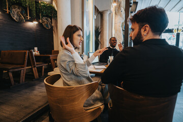 Wall Mural - A group of multiracial business coworkers engaging in a friendly conversation inside a modern cafe.