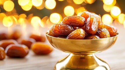 Wall Mural - Exquisite Golden Bowl of Beautifully Plated Dates with Bokeh Light