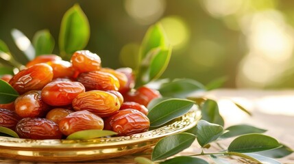 Wall Mural - Close Up Macro Shot of Fresh Medjool Dates on Elegant Plate