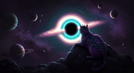 Wall Mural - majestic cat with crown gazes at a swirling black hole