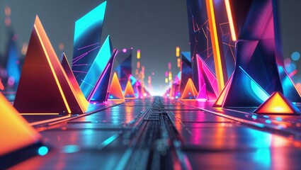 Poster - Vibrant geometric landscape with glowing pyramids and a futuristic atmosphere at night