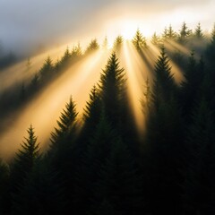 Wall Mural - Sun rays shining through forest trees