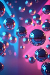 Poster - colorful reflective spheres float amidst vibrant background lights in a modern space