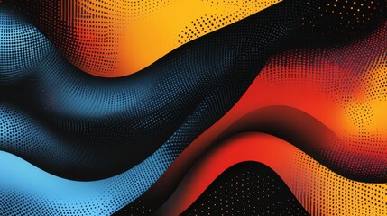 Poster - Abstract Halftone Waves: Dynamic Orange Blue and Black Swirls Design