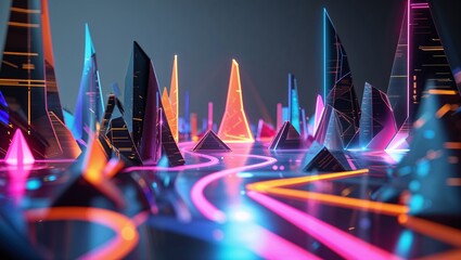 Poster - colorful futuristic landscape with glowing peaks and neon pathways at night