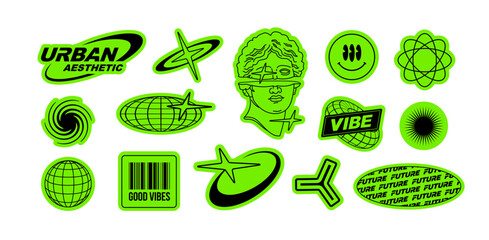 Poster -  Y2K techno stickers pack of text quotes label collection in Acid green style (part 1). Aesthetic of retro futurism 2000s stickers with text.  Cyberpunk style elements