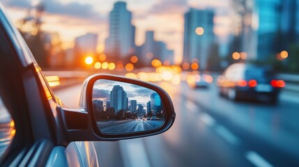 Poster - As dusk settles, the rearview mirror captures a stunning cityscape bathed in warm hues. Skyscrapers glimmer while cars glide down the road, creating a dynamic urban atmosphere