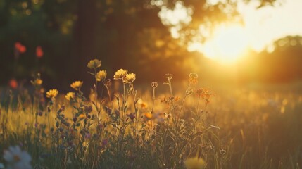 Poster - Colorful flowers flourish in a lush meadow, illuminated by warm sunlight during a serene spring summer afternoon. Nature rejoices as petals dance in the gentle breeze
