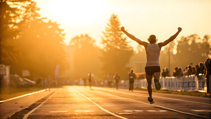 Athlete crossing the finish line arms raised in victory. Fighting for gold medal. Concept of sport winner in golden light.