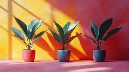 Wall Mural - Three vibrant potted plants against a colorful gradient wall, casting playful shadows