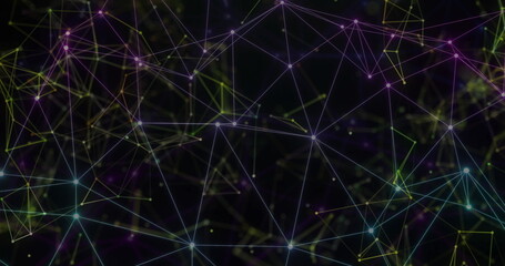 Poster - Image of network of connections over shapes on black background