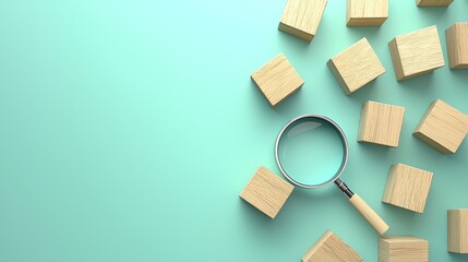 Poster - Exploring creative concepts with wooden blocks and magnifying glass indoor workspace minimalist style top view