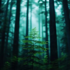 Wall Mural - Young Green tree in a Foggy Forest