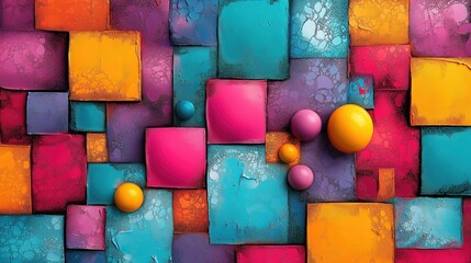 Aufkleber - Vibrant abstract background featuring colorful squares and circles in shades of blue, pink, orange, and yellow.