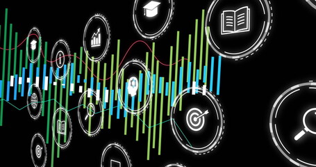 Poster - image of diagrams and business icons over black background