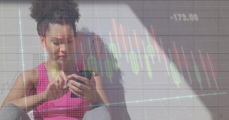 Poster - image of financial data processing over biracial woman using phone during exercise