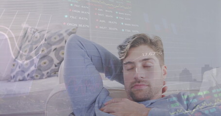 Poster - image of financial data processing over caucasian man sleeping