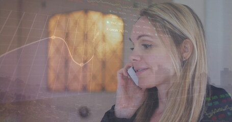 Poster - image of globe of network of connections over caucasian woman using smartphone