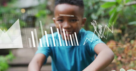 Poster - Image of financial data processing over african american boy planting plant