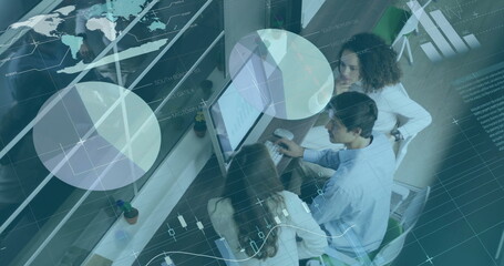 Poster - image of financial data processing over diverse business people in office