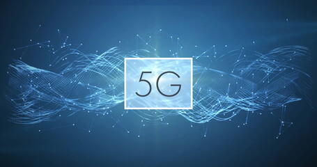 Poster - image of network of connections and 5g text over hand of businessman