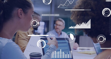 Poster - image of financial data processing over diverse business people in office