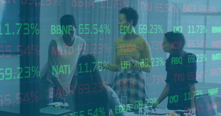 Poster - image of stock market over diverse business people discussing work