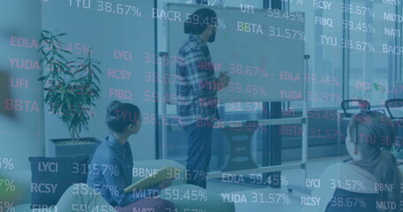 Poster - Image of stock market over diverse business people discussing work