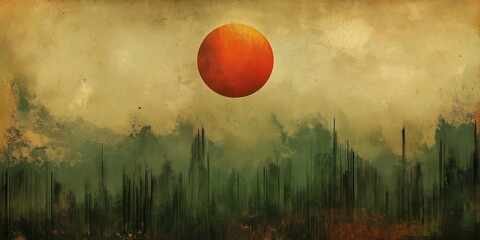 Poster - Vibrant digital texture featuring a large red sun over a textured green landscape, evoking a sense of tranquility and creativity.