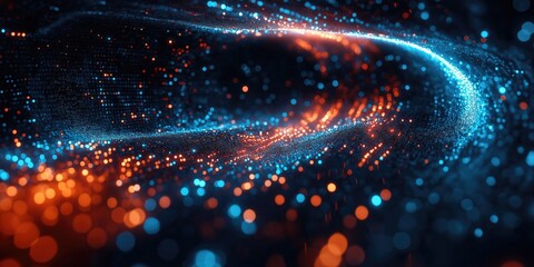 Fototapete - Vibrant abstract texture featuring glowing blue and orange particles, creating a dynamic digital landscape.