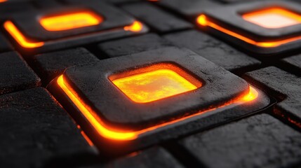 Fototapete - Abstract close-up of glowing orange squares on a textured black surface, ideal for computer graphics and digital design.