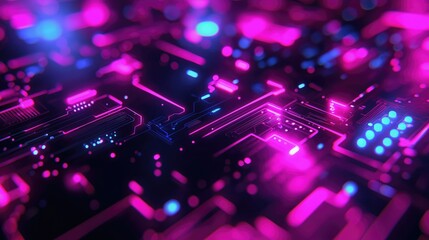Fototapete - Abstract digital technology texture featuring vibrant pink and blue lights on a dark background, ideal for graphic design.