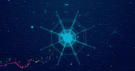 Poster - geometric shapes and data points image over dark blue background