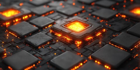 Fototapete - Abstract digital technology texture featuring glowing orange elements on a dark surface, ideal for computer graphics.