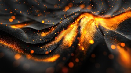 Fototapete - Abstract digital texture with flowing black fabric and glowing orange particles, creating a dynamic and modern visual effect.