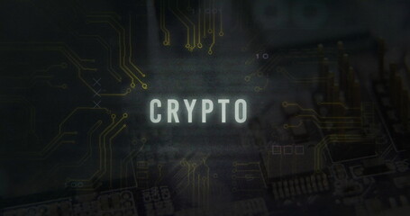 Poster - crypto text image over circuit board and digital data background