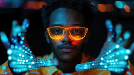 Poster - Young factory worker wearing glowing glasses, showcasing a digital interface with illuminated hands, symbolizing innovation and technology.