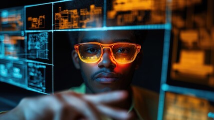 Poster - Factory worker wearing glowing glasses, interacting with a digital overlay of blueprints and data in a high-tech environment.