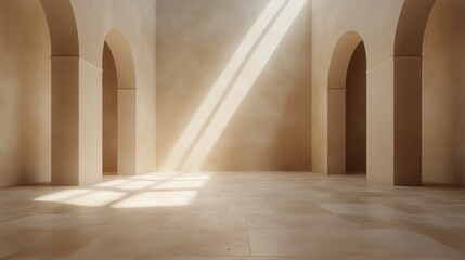 Poster - Bright tunnel illuminated by sunlight streaming through arches, creating a serene and calming atmosphere.