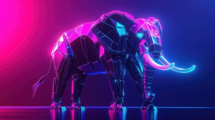 Poster - Neon Wireframe Elephant Digital Art Rendering