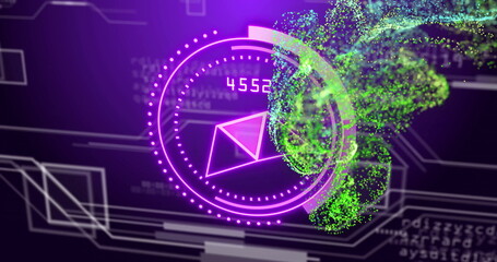 Poster - digital data processing image over abstract geometric shapes and green particles