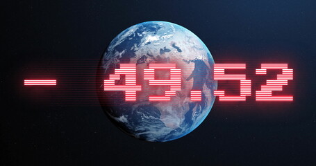 Poster - rotating earth with red numerical data image over space background
